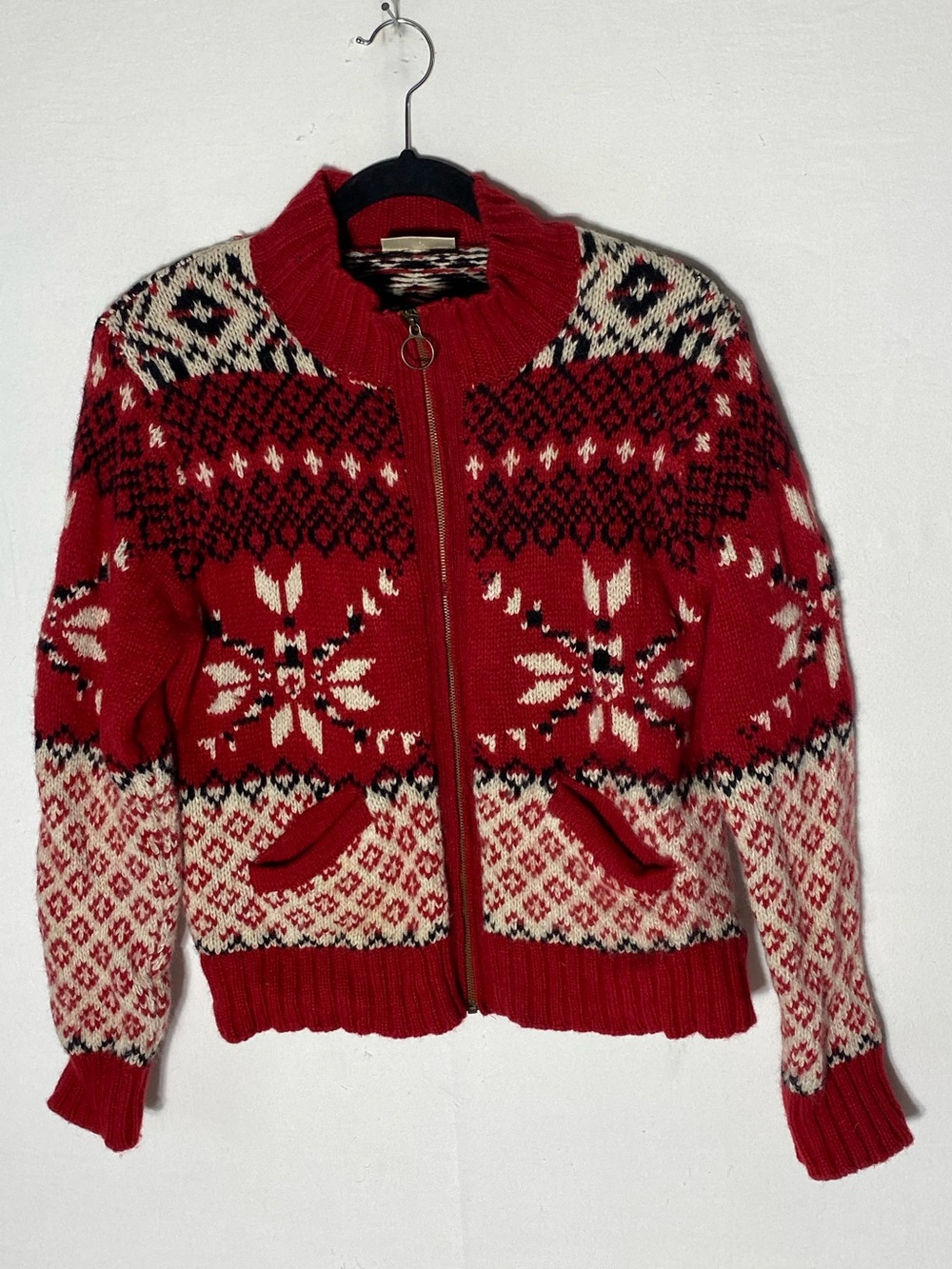 Vintage 90s Charlotte Halton Red White Wool Silk Blend Nordic Zip Cardigan M